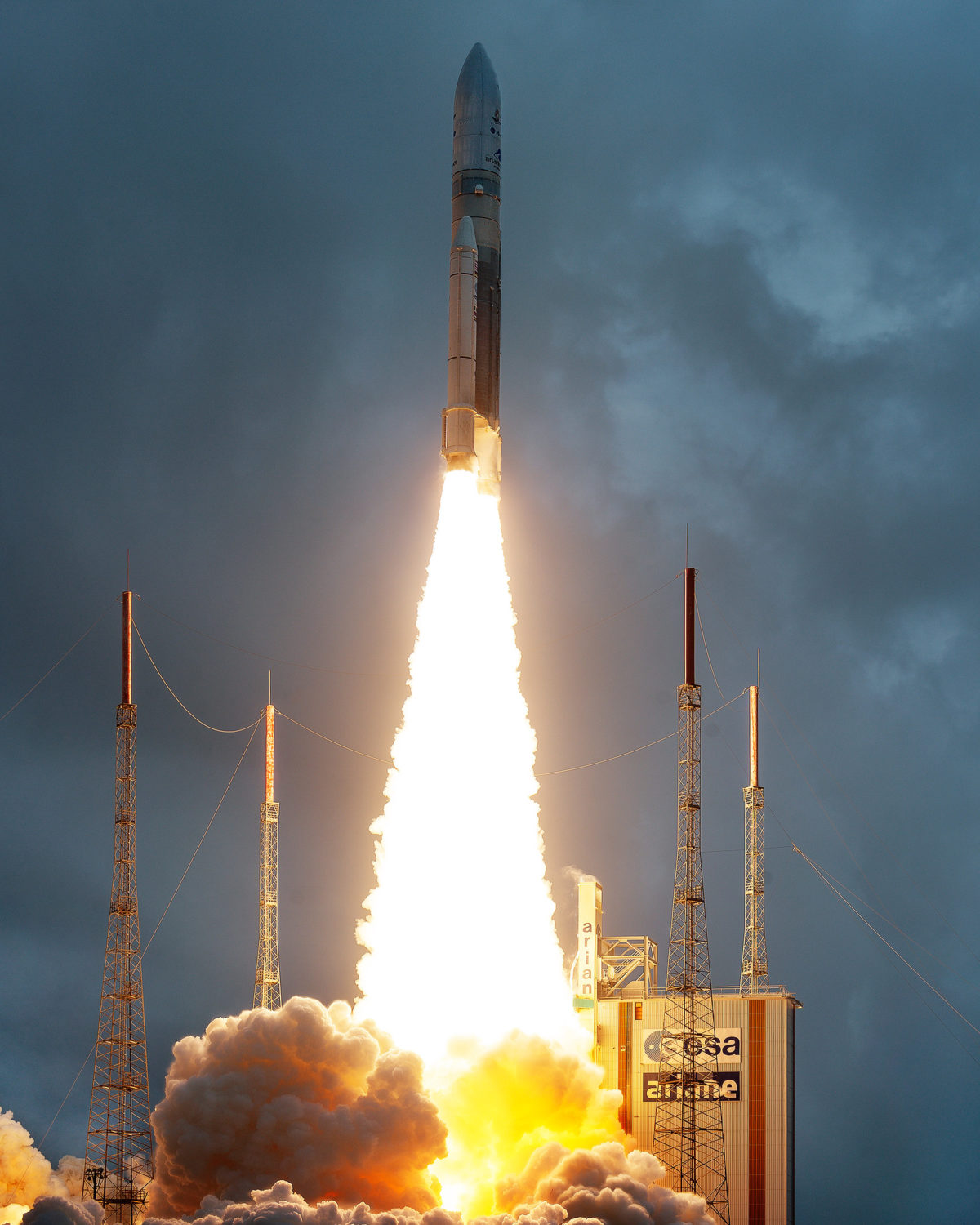 A photo of an Ariane 5 launch in Kourou