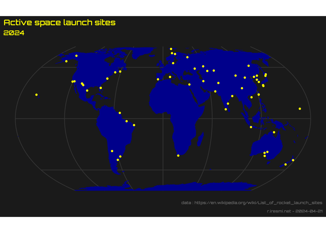 Dark world map of active space launch sites as yellow dots