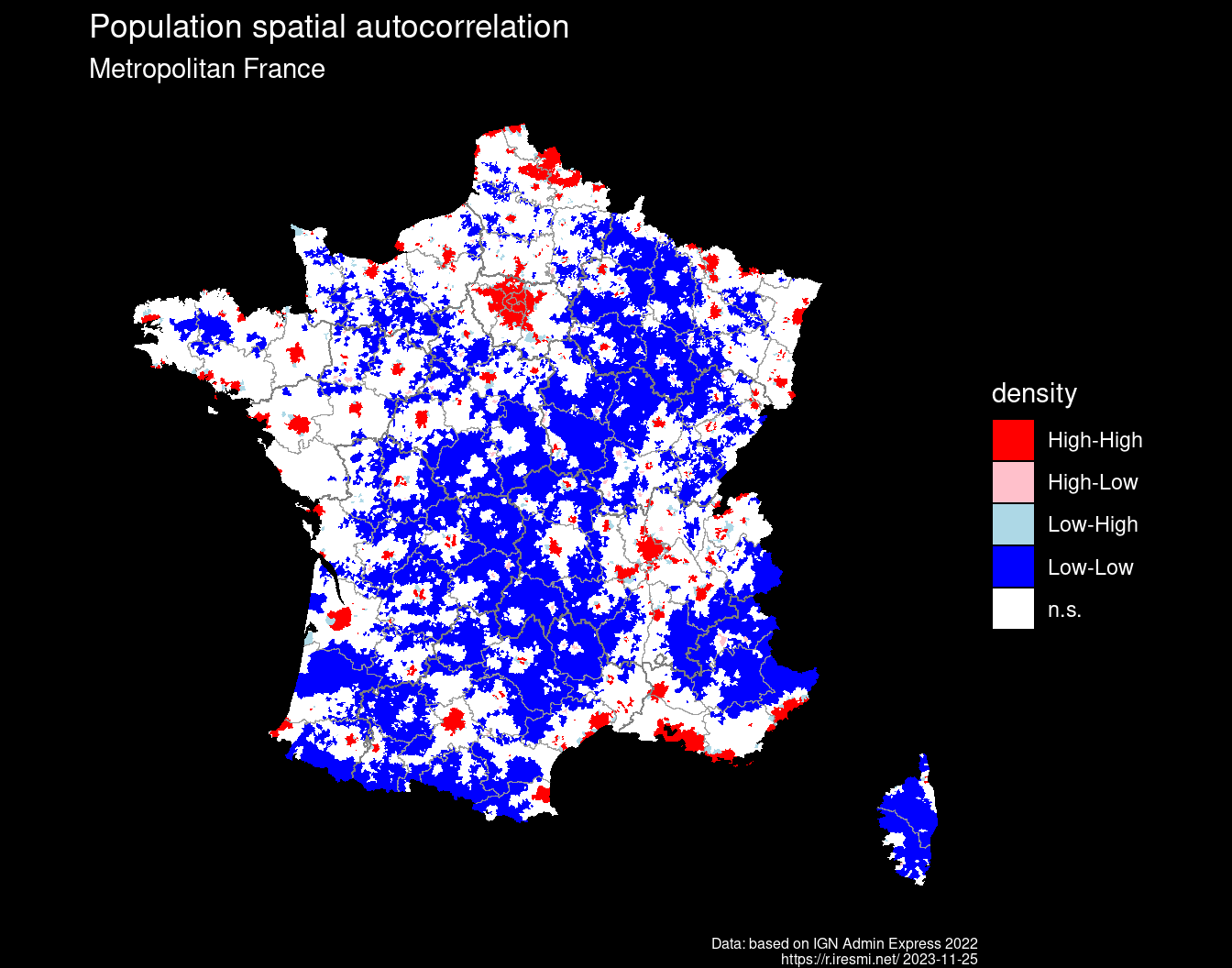 Map of France population spatial autocorrelation
