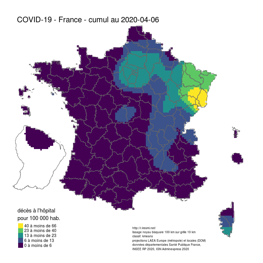 A map of smoothed death prevalence of COVID-19 in France, highlighting the strong prevalence in the NW