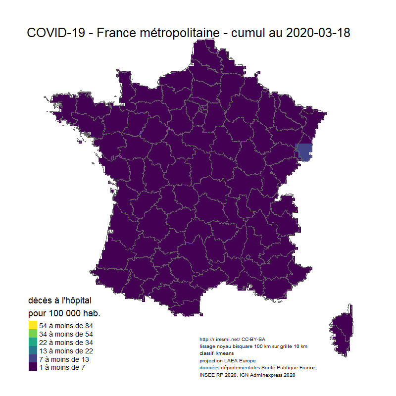 An animated map of smoothed COVID-19 prevalence  in France in 2020