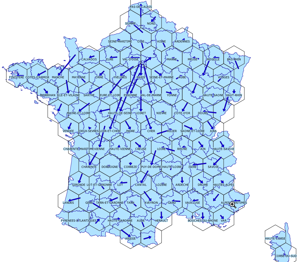 A map of France showing the shift between départements polygons and their corresponding hexagons