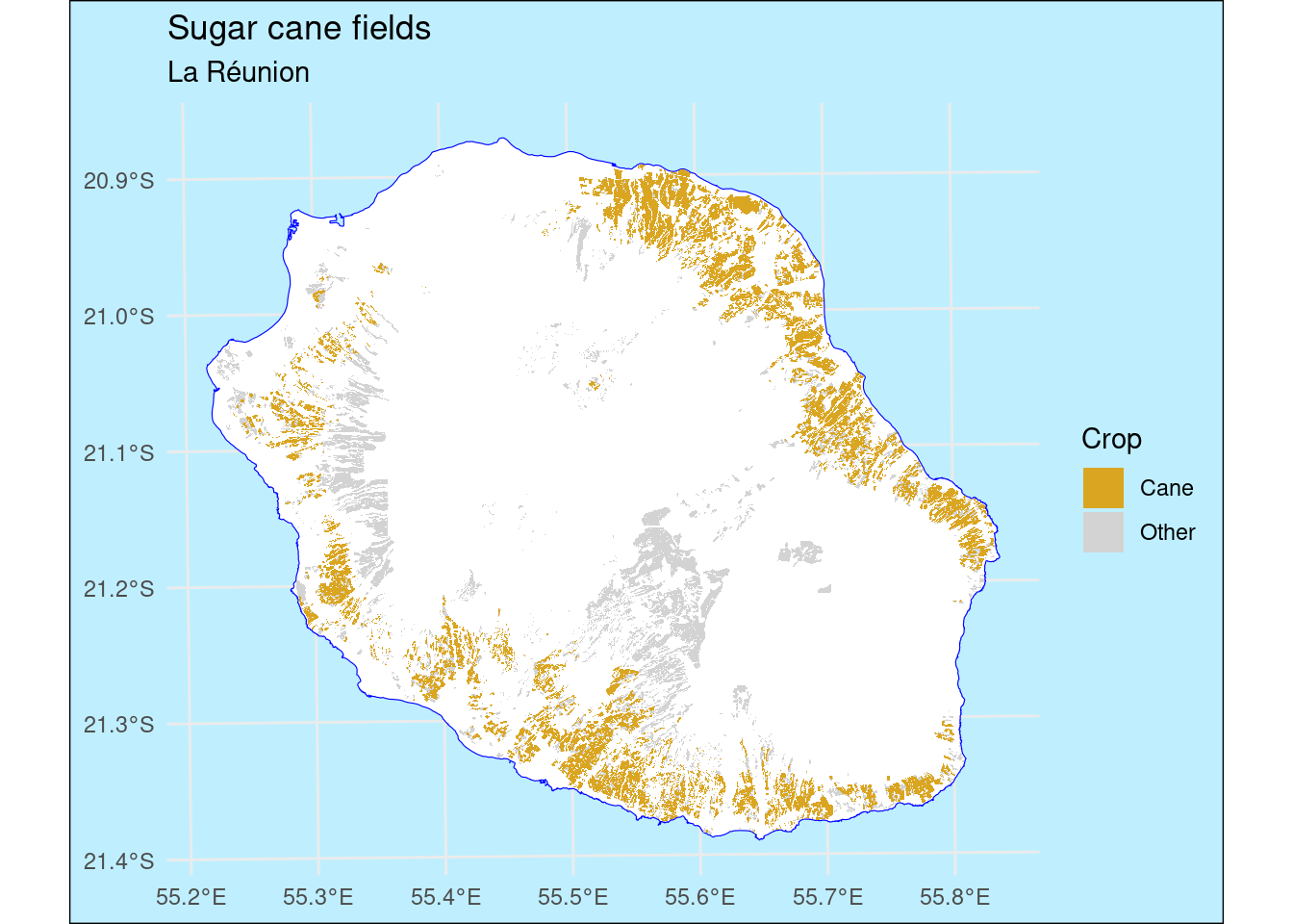 A map of La Réunion crops highlighting the sugar cane fields
