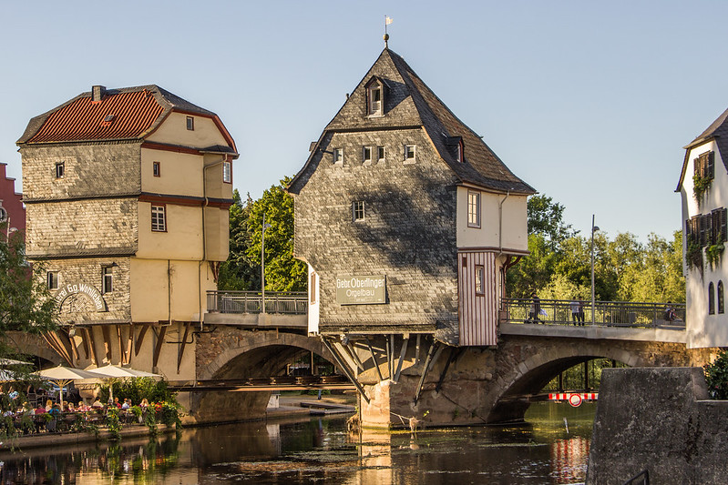 A photo of The Alte Nahebrücke, a medieval stone arch bridge in Bad Kreuznach, in western Germany, dating from around 1300