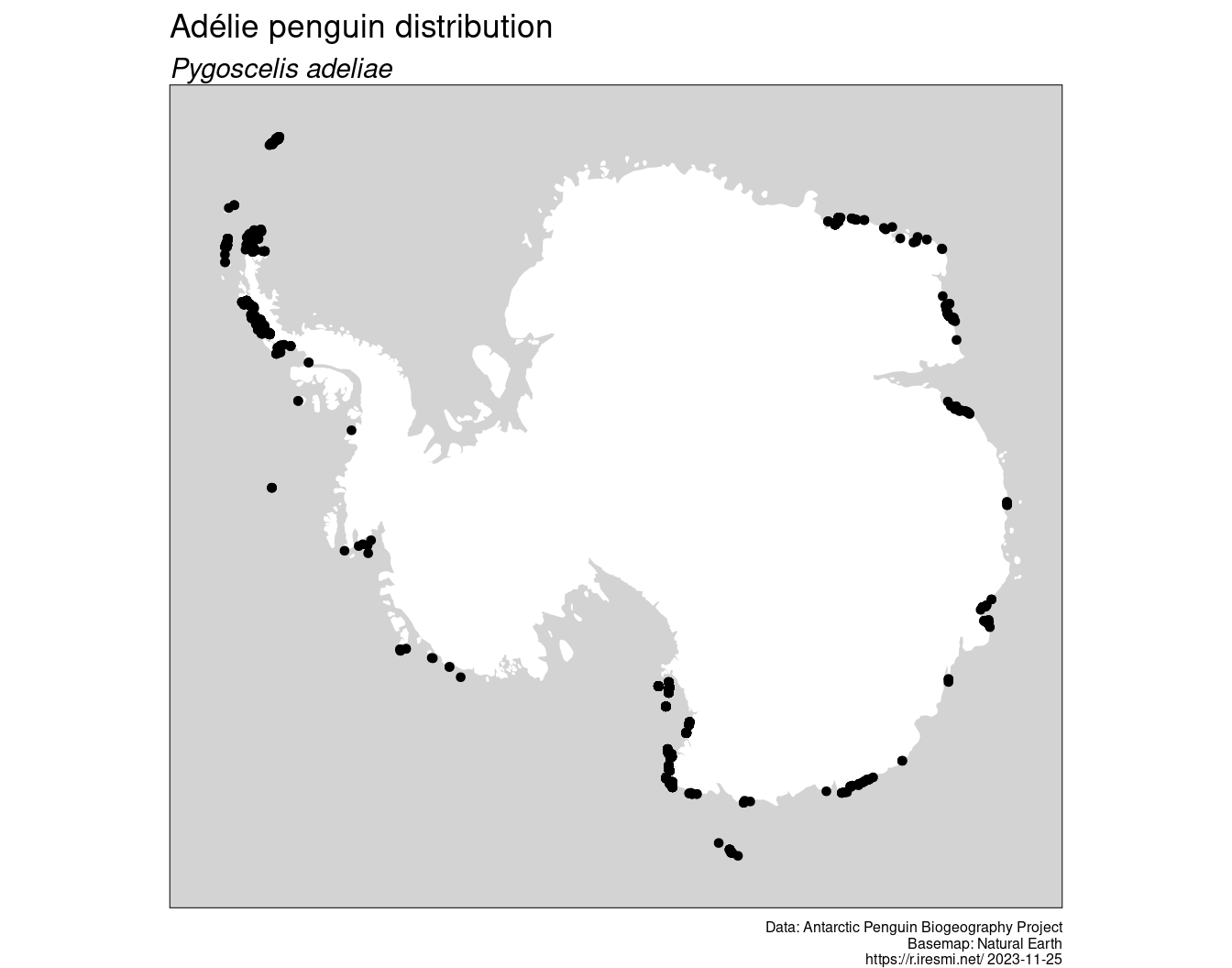 Map of the Adélie penguin distribution around Antarctica