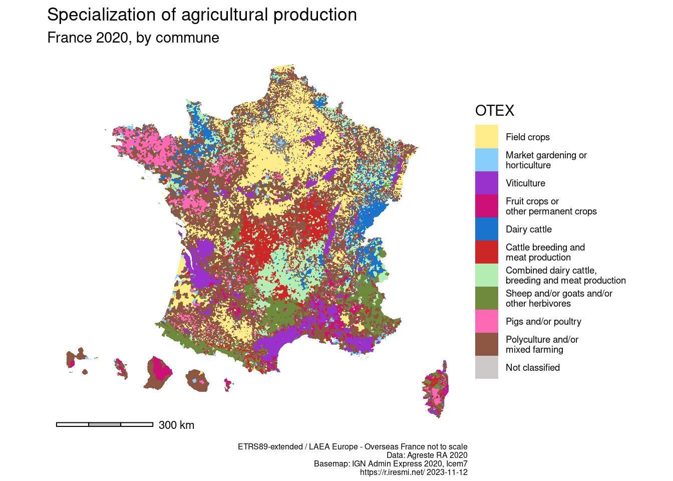 Map of Specialization of agricultural production in France in 2020