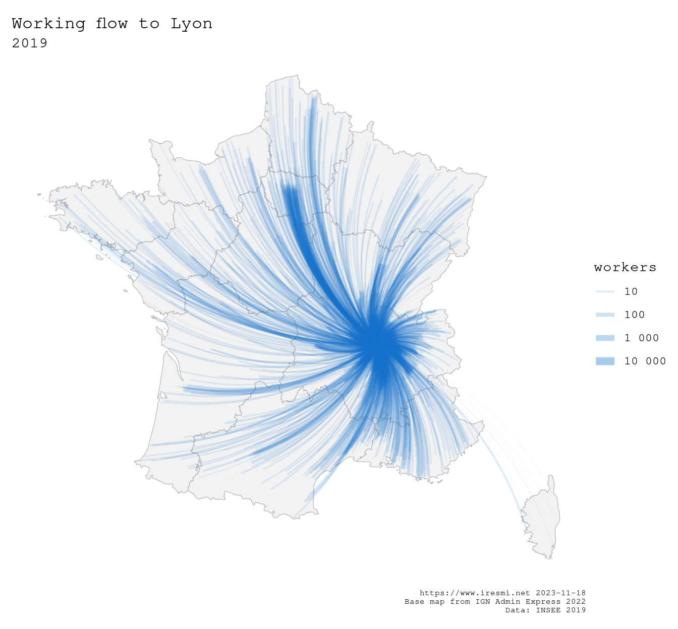 Map of working commute flows to Lyon