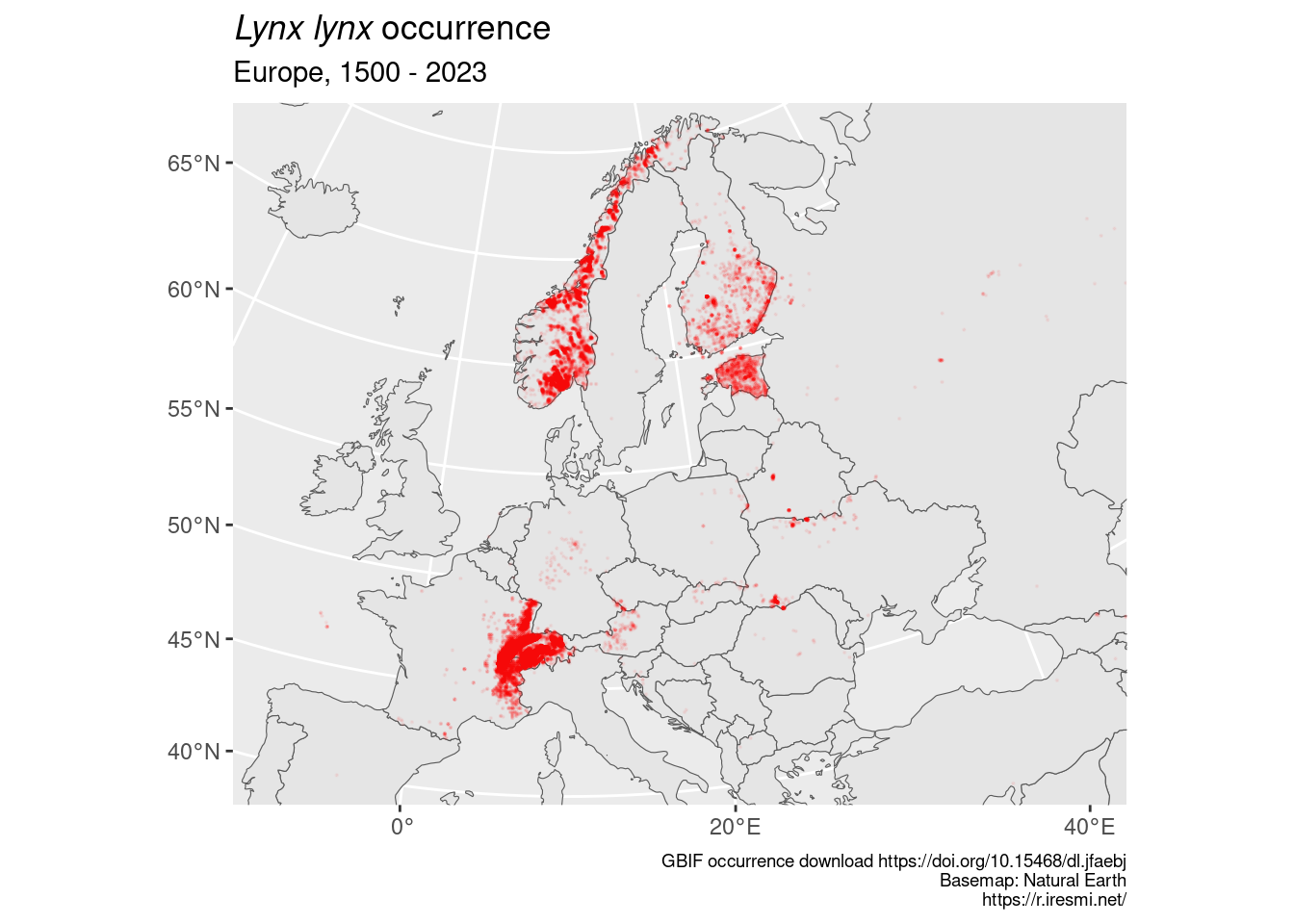 A map of Lynx lynx occurence in Europe with data from GBIF