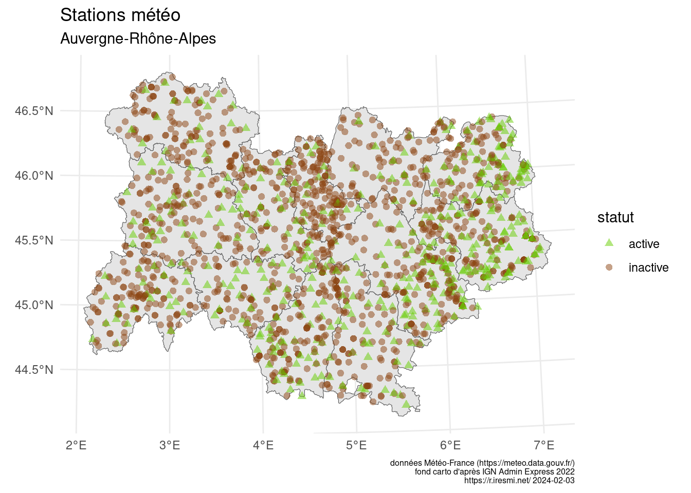 Map of weather stations status in Auvergne-Rhône-Alpes