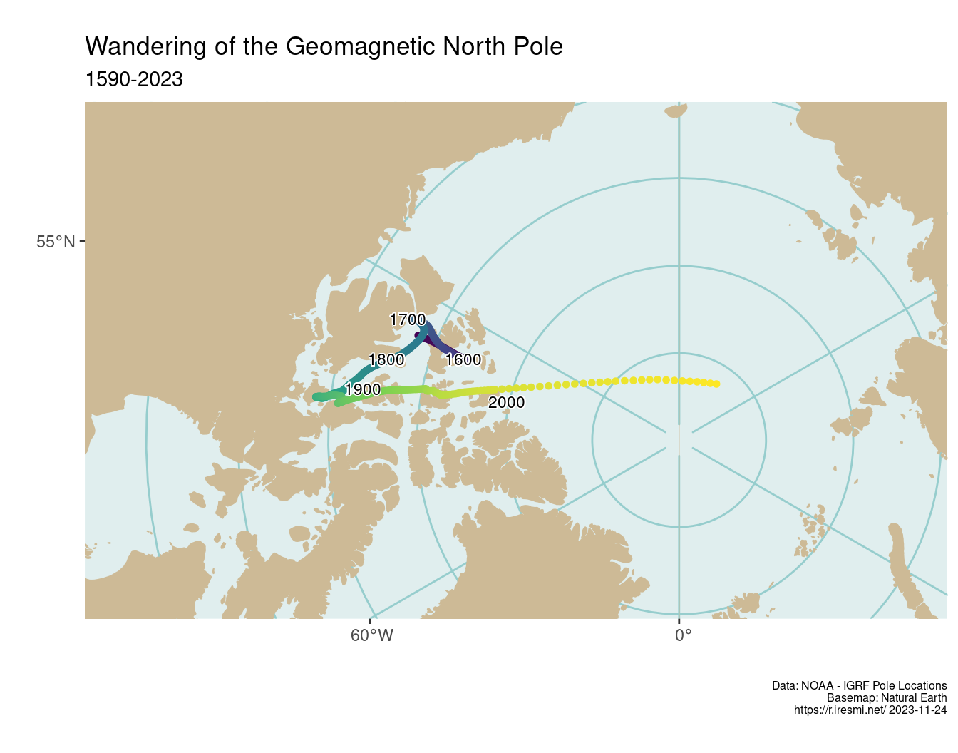 Map of the wandering Geomagnetic North Pole