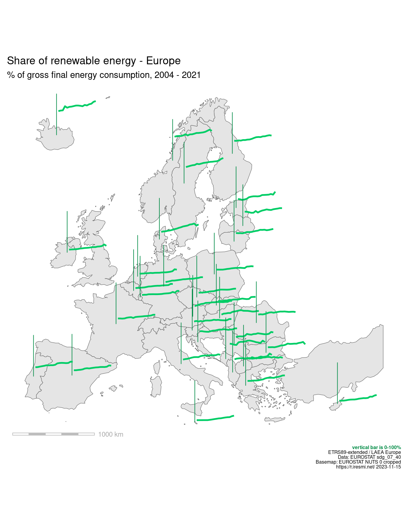 Map of share of renewable energy in gross final energy consumption