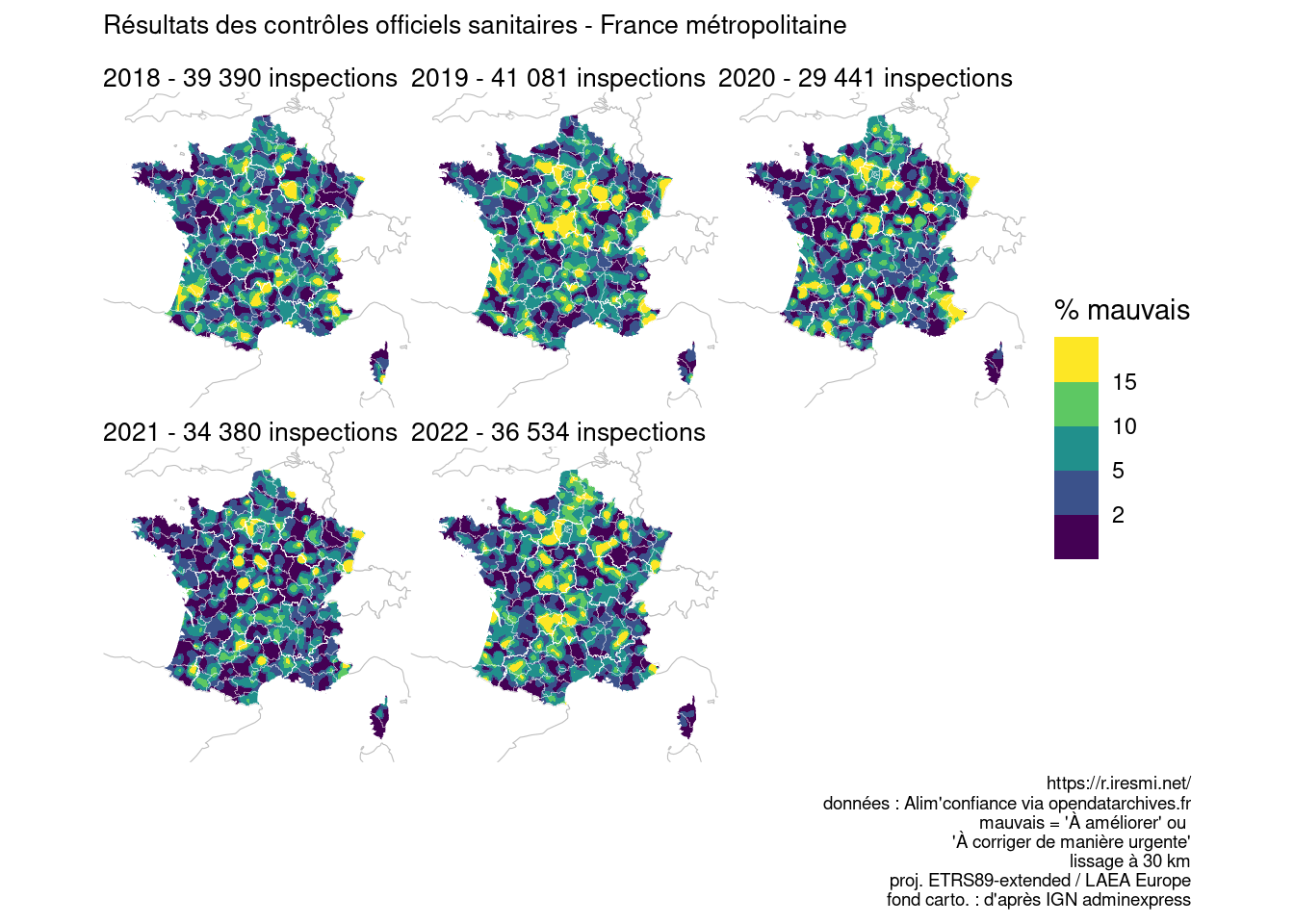 A small multiple map of bad controls in France (with kernel smoothing) by year