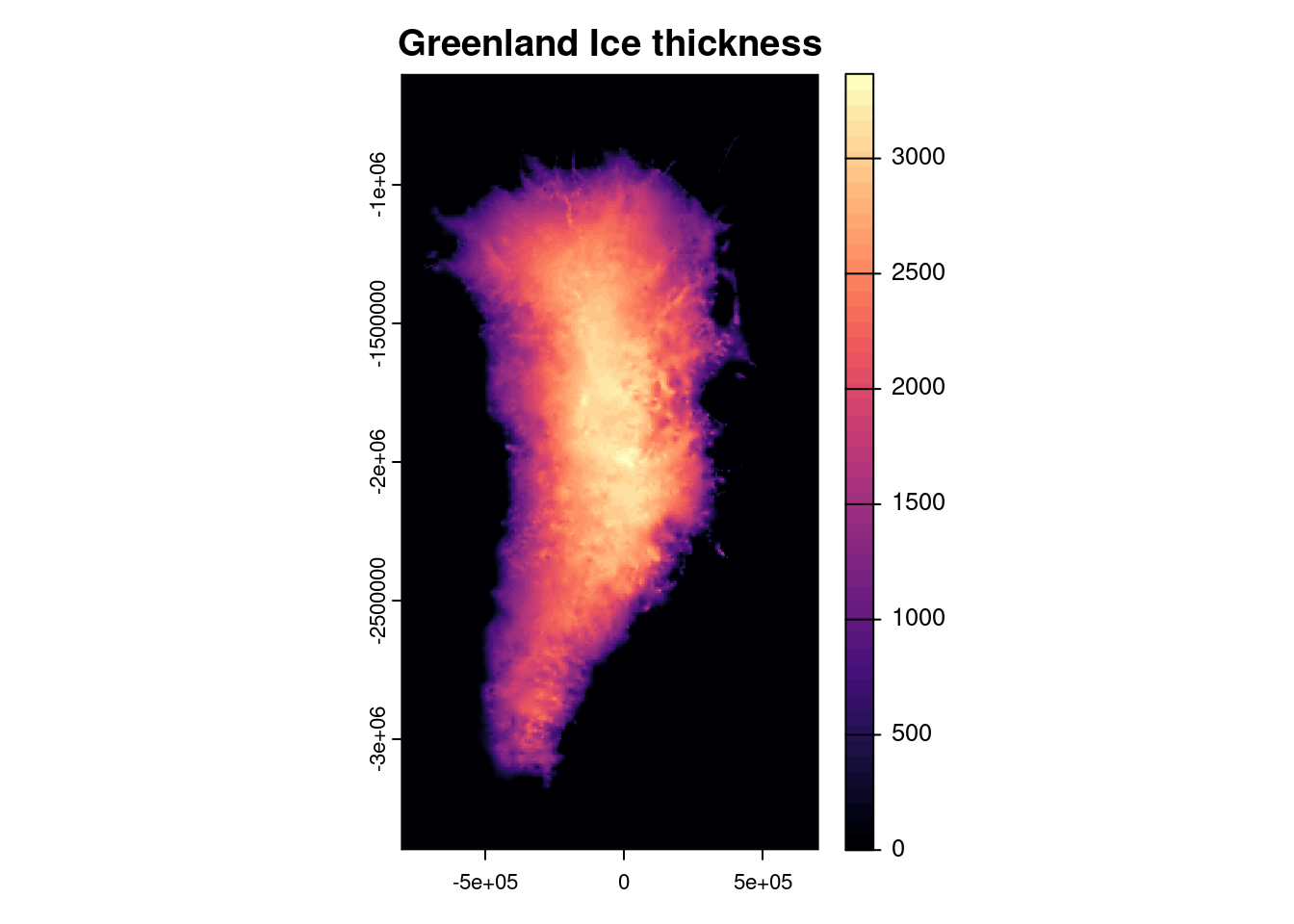 Map of Greenland Ice thickness in a polar stereographic projection