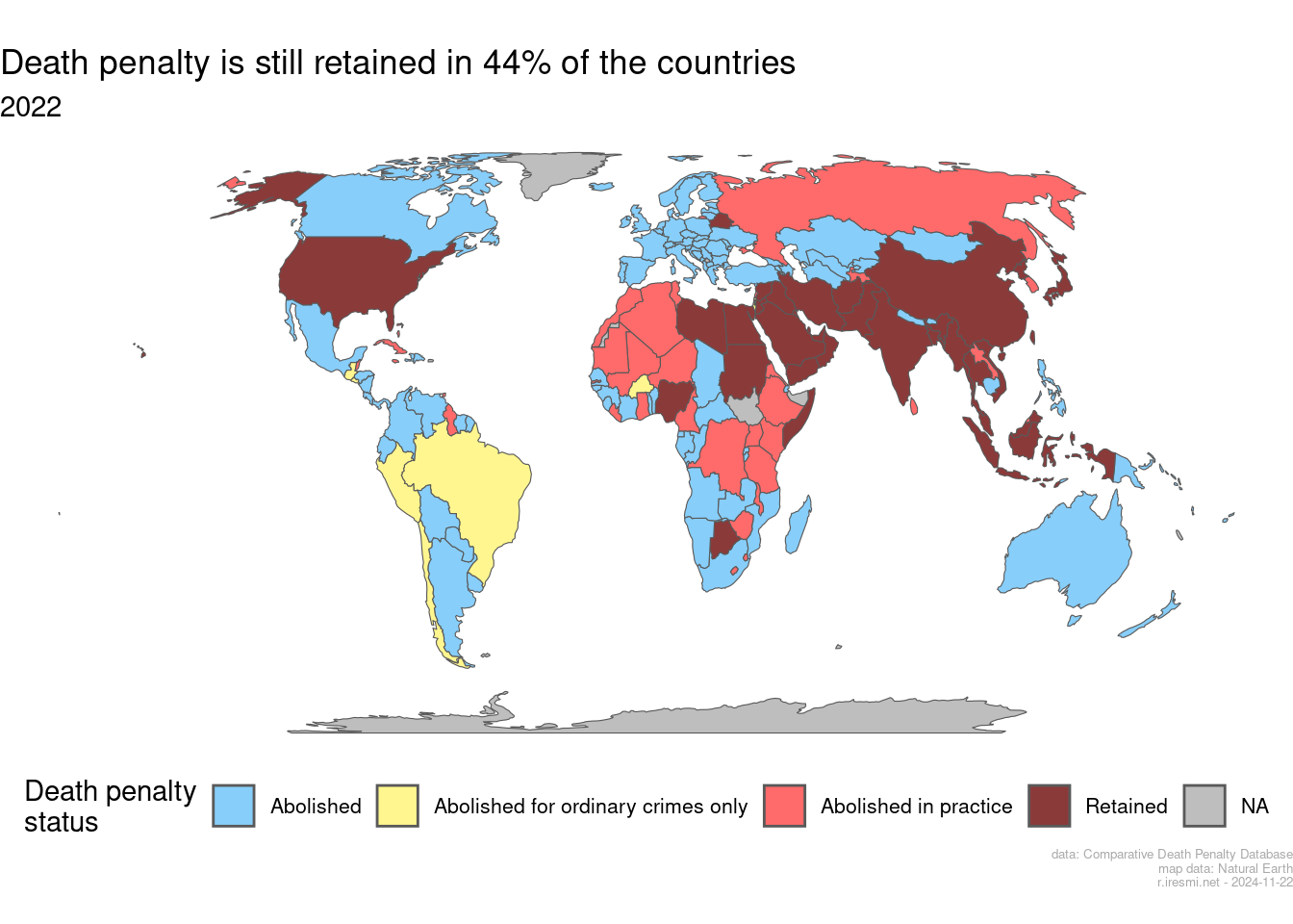 A map of World death penalty status : death penalty is still retained in 44% of the countries