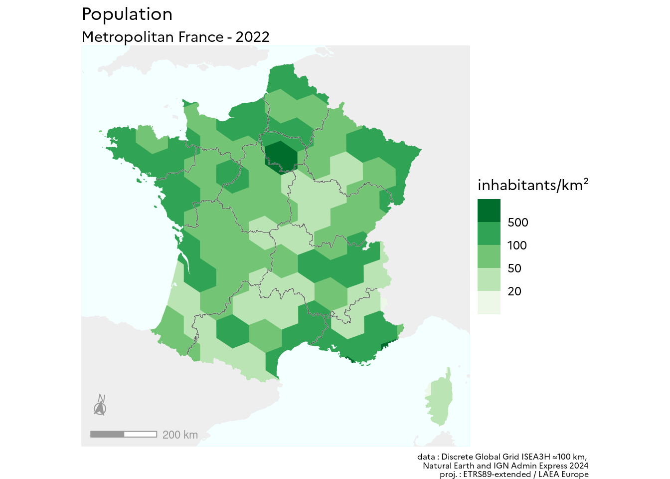 Map of statistical binning on a hexagonal grid of french population