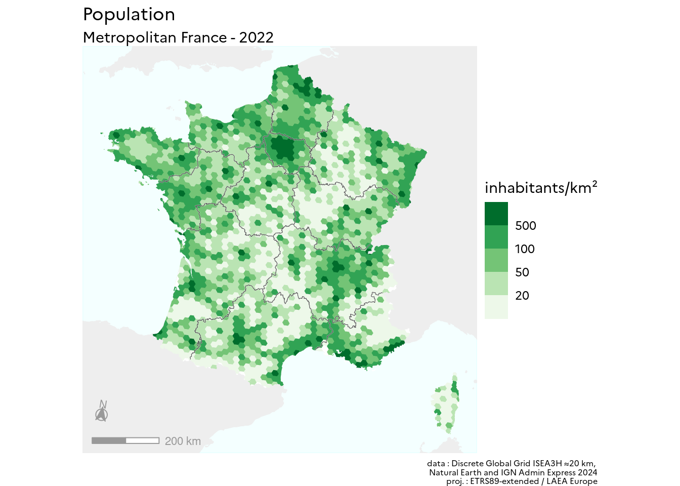 Map of statistical binning on a hexagonal grid of french population