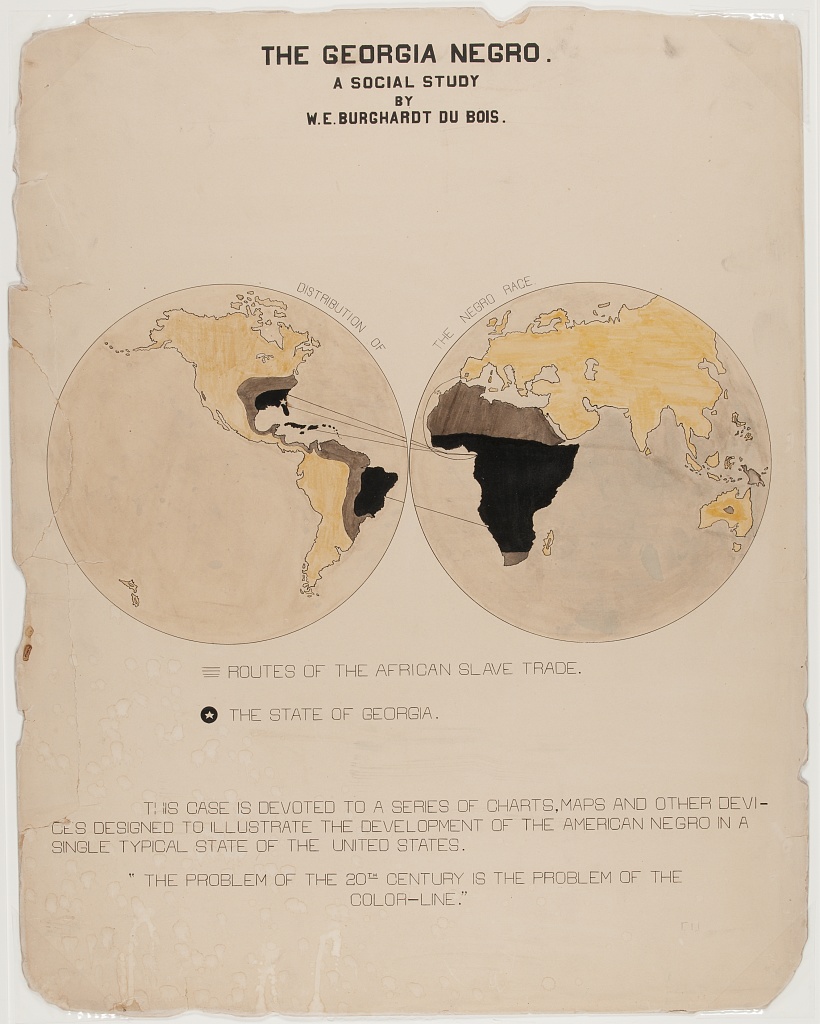 Cover page of The Georgia negro depicting west and east hemisphere and the slave routes