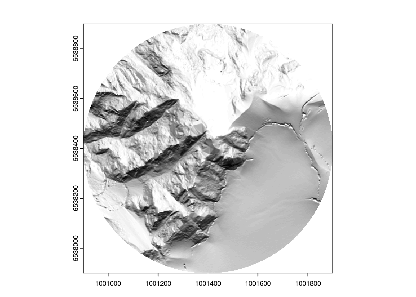 A grayscale rendering of digital terrain model around Aiguille du Midi