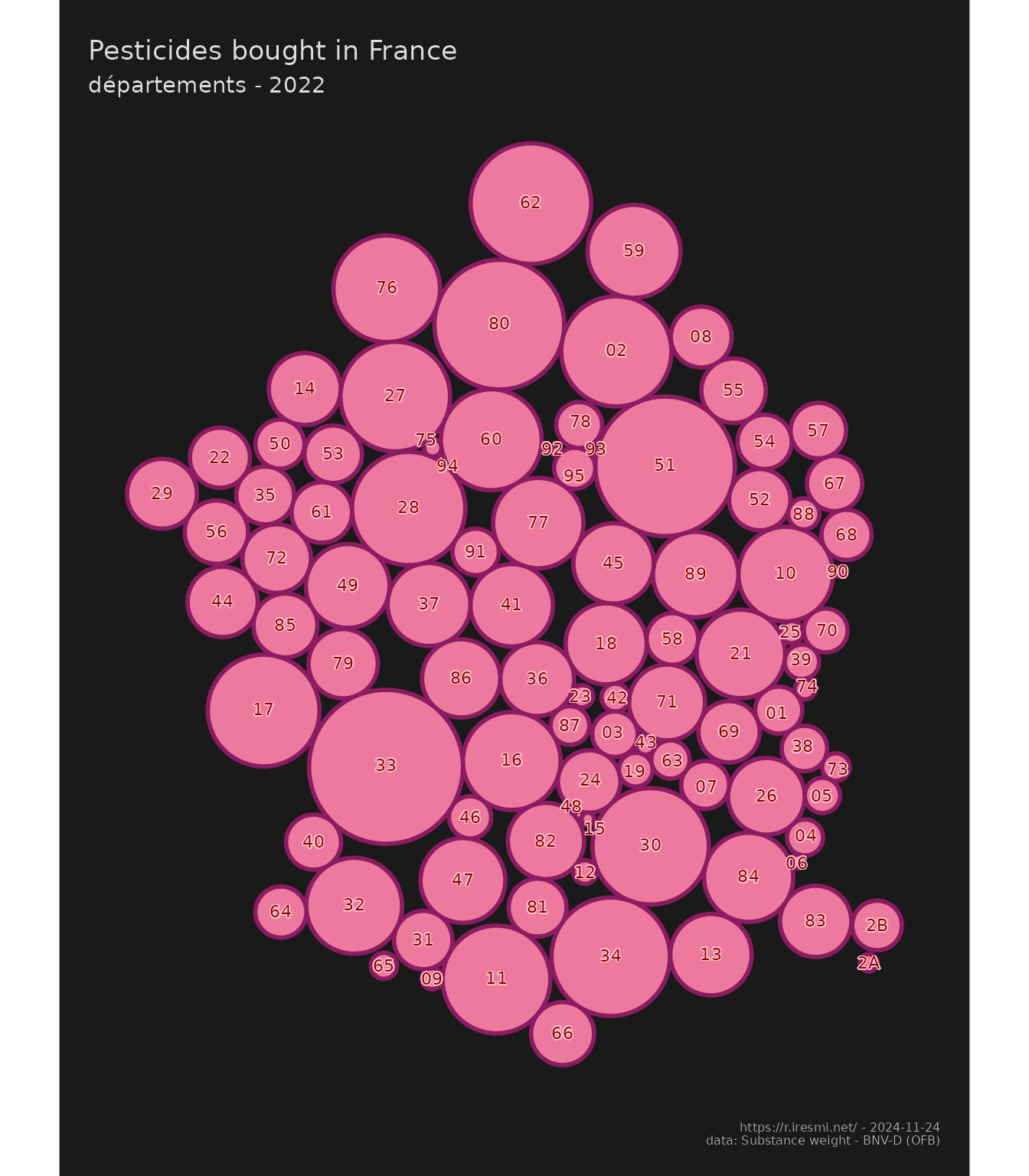 Map of pesticides quantities in France in 2022