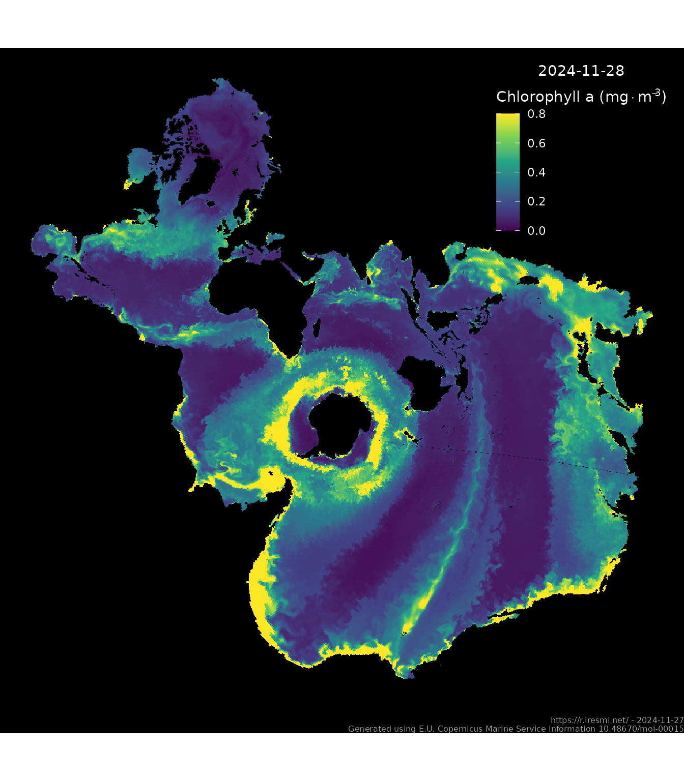 Map of Mass concentration of chlorophyll a in sea water