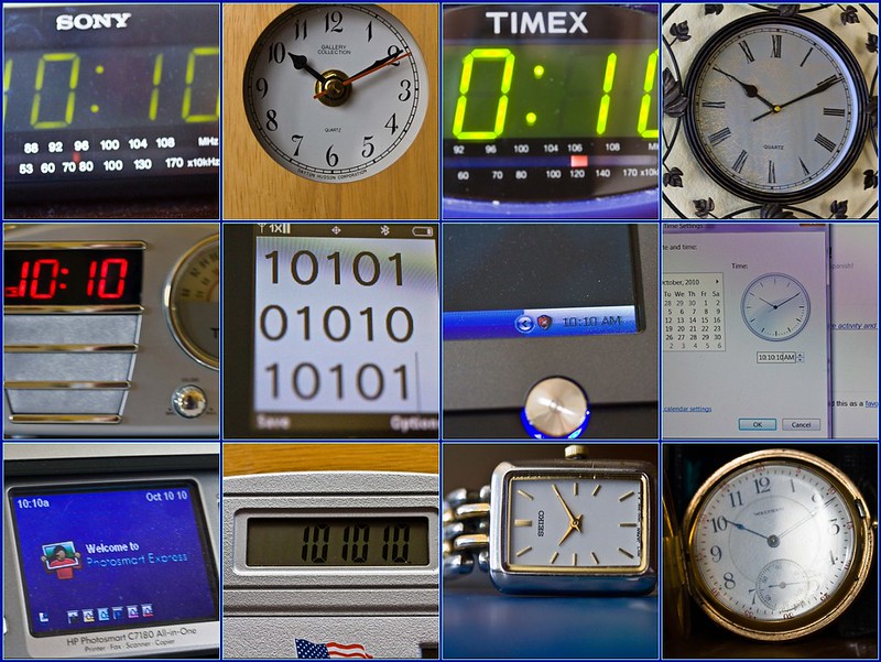 Montage of various clocks showing tens
