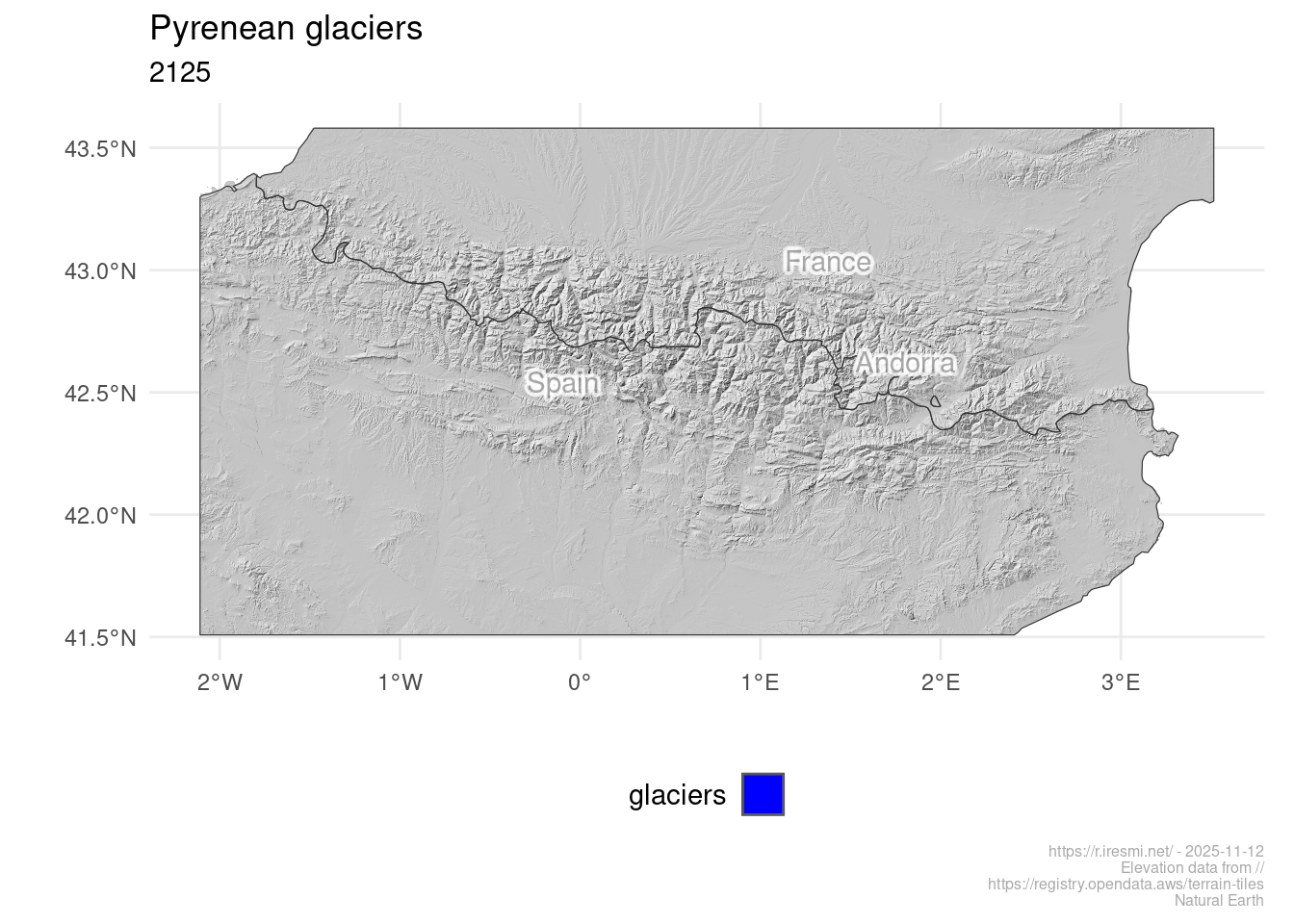 A map of Pyrénées relief without any glacier left