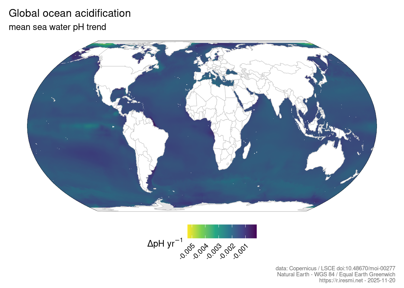 Map of the Global ocean acidification - mean sea water pH trend