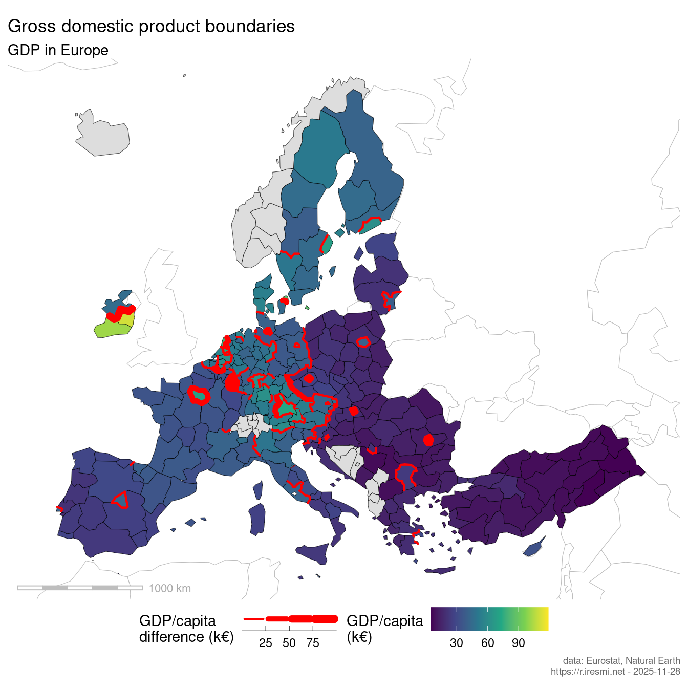 Map of GDP per capita boundaries in Europe