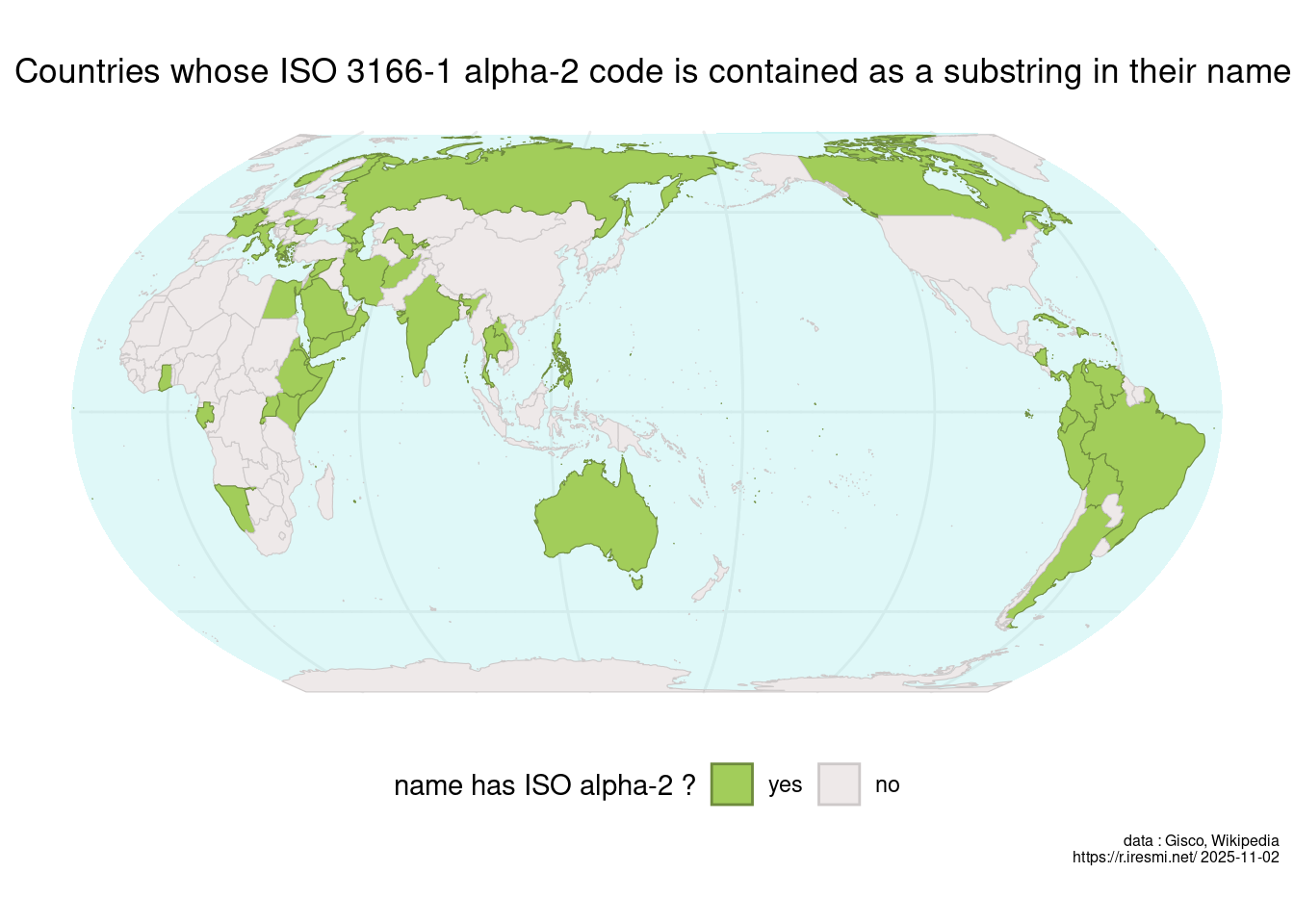 A map of showing countries whose ISO 3166-1 alpha-2 code is contained as a substring in their name