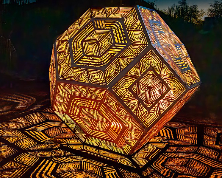 A photo of a dodecahedron in the twilight, openwork and lit from within