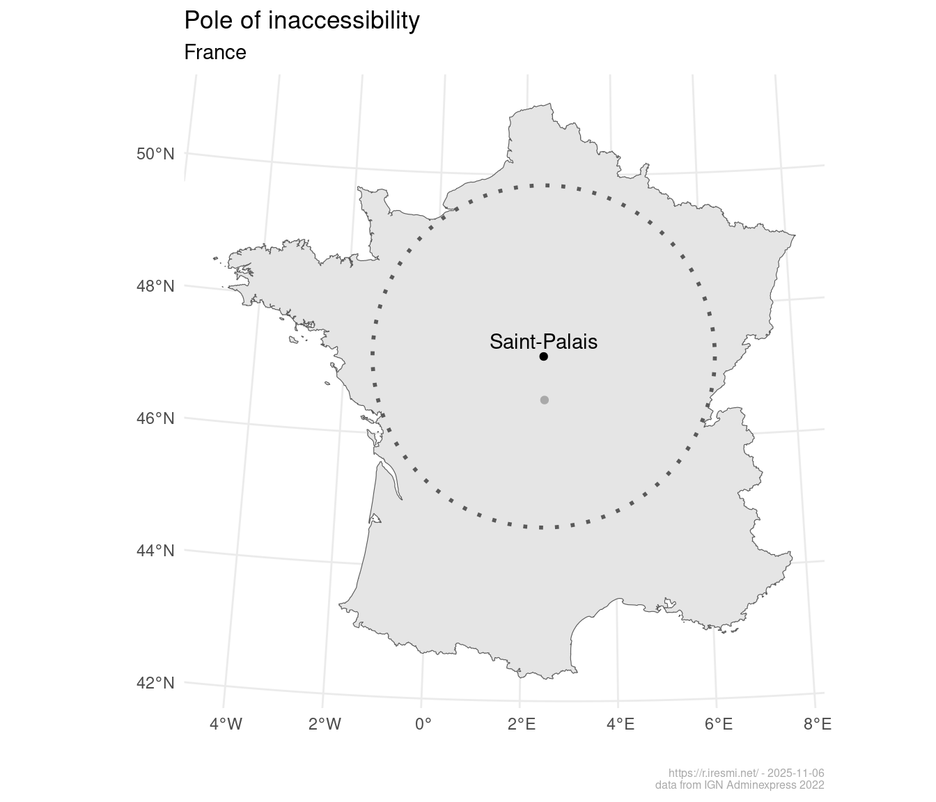 Map of France with a point at the center labelled Saint-Palais, the pole of inaccessibility