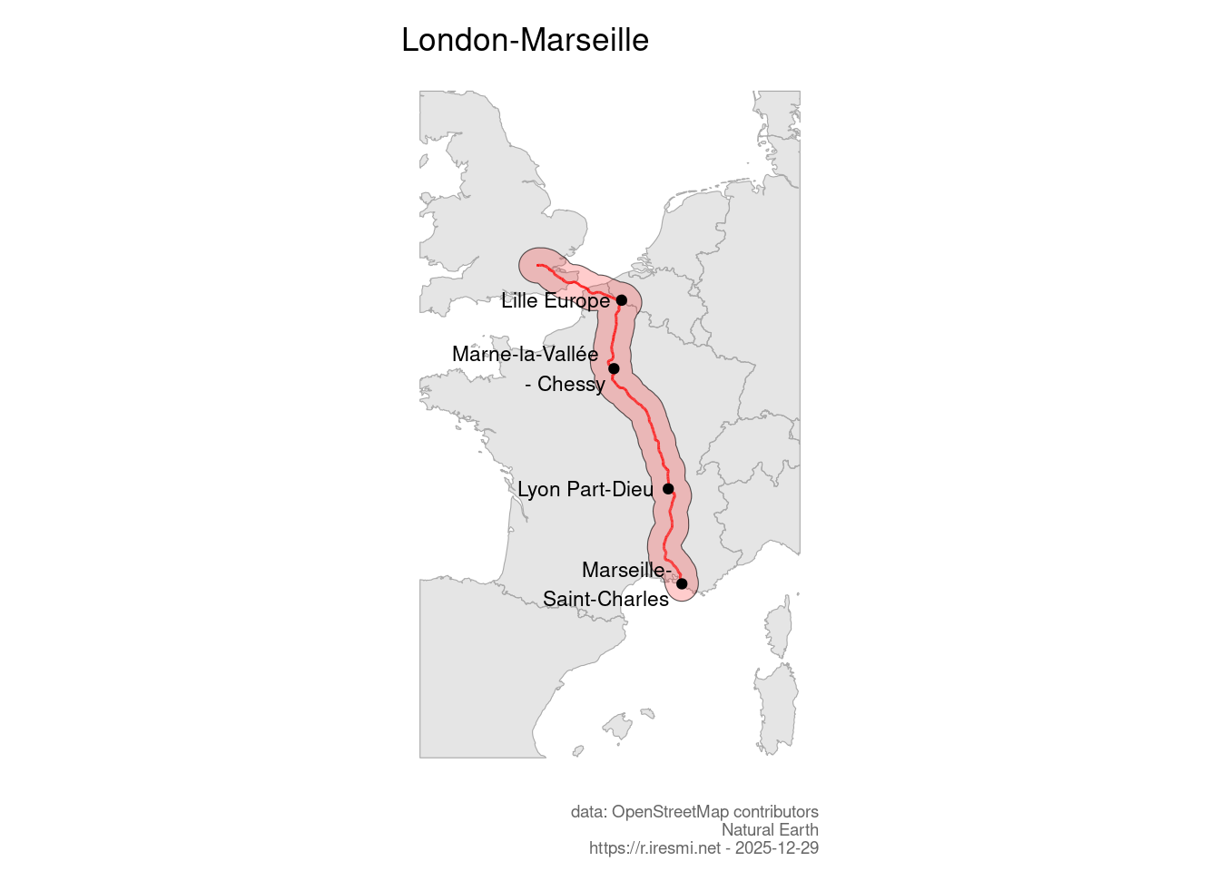Map of London-Marseille railway and a 50&nbsp;km buffer