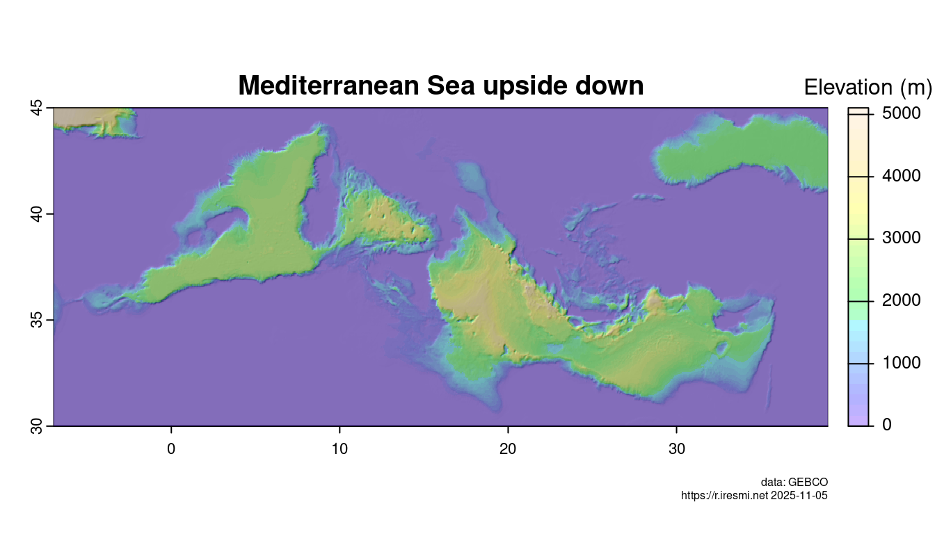 Map of inverted Mediterranean elevation